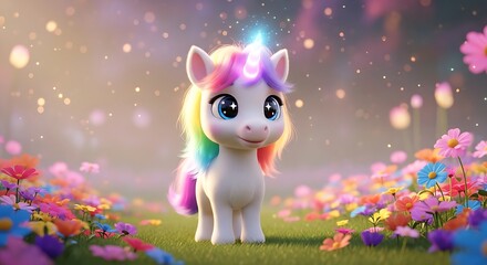 Adorable cartoon unicorn with rainbow mane standing in a field of colorful flowers