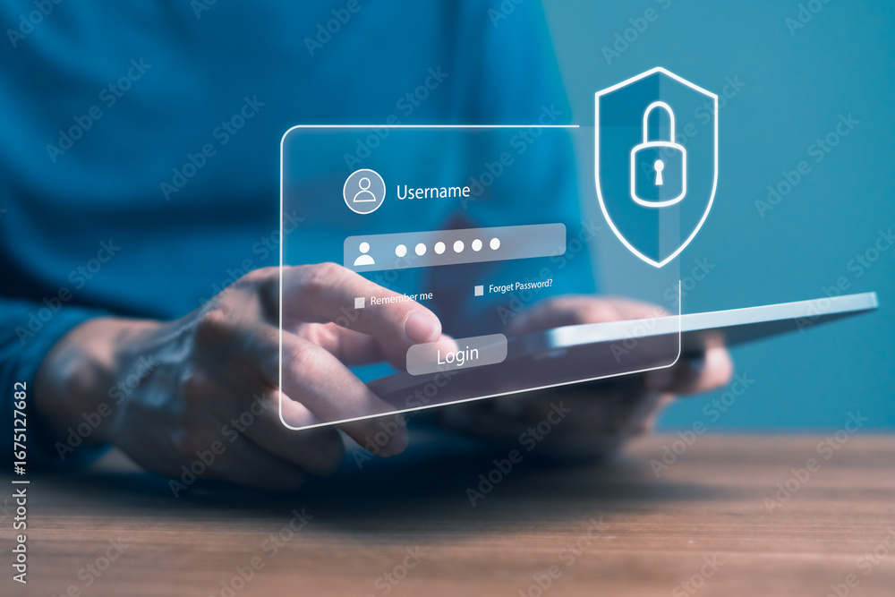 Poster user authentication and secure login on digital tablet with password entry and padlock icon, symboli