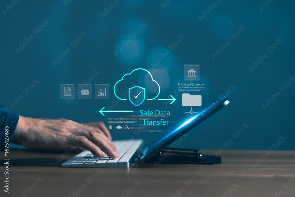 Aufkleber encrypted cloud data transfer concept with hand typing on keyboard, symbolizing secure connection, c