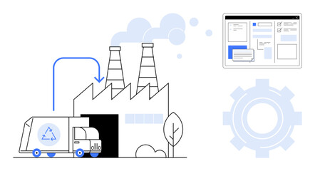 Recycling truck unloading at factory entrance with processing chimneys, digital interface managing workflow. Ideal for recycling, sustainability, eco-industry, green energy, technology, automation