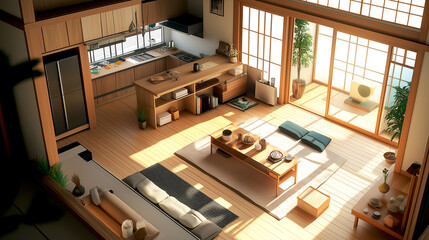 Isometric apartment hotel or house interior living room and kitchen with big windows and balcony Japanese style