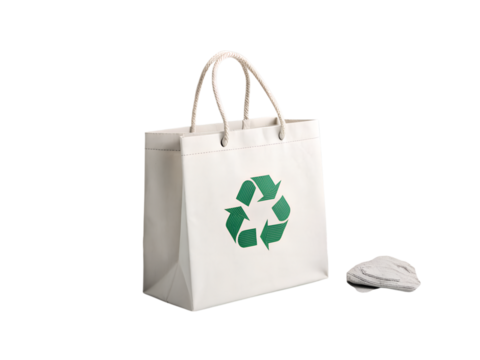 Canvas tote bag with recycle symbol and stack of stones isolated on transparent background - Powered by Adobe