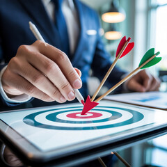 A Businessman Strategically Targets Success by Aiming for the Bullseye. This Image Represents Goal Achievement, Strategic Planning, and Precision in Business.  