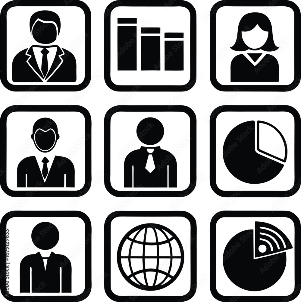 Poster business icons set featuring people charts globe and data for presentations and websites professiona