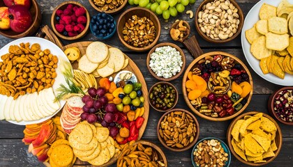 Assorted snacks and fruits on a wooden surface
