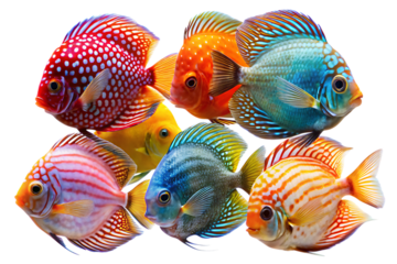 Group of Colorful Discus Fish Swimming Isolated on Transparent Background