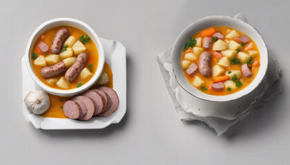 Creamy Potato and Sausage Soup on Neutral Background - Super HD - Colored Light