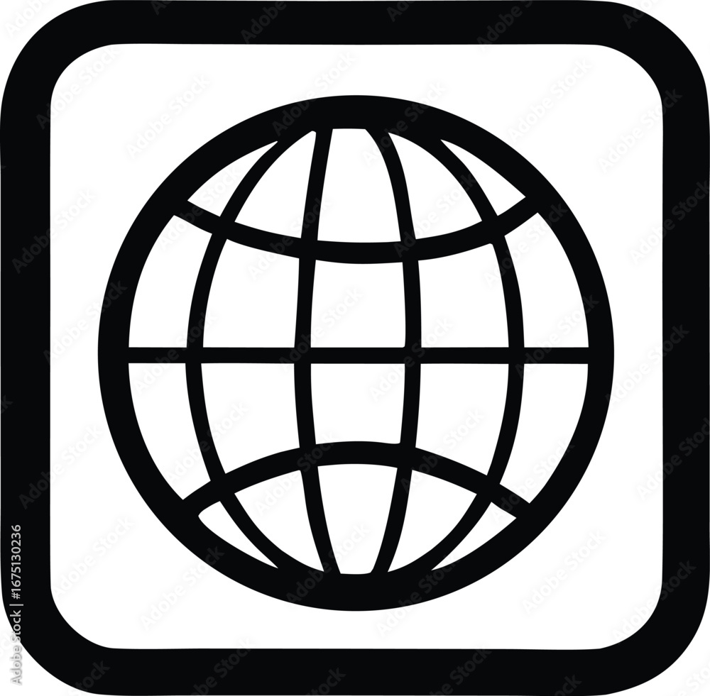 Poster simple black and white globe icon inside a rounded square frame for web and digital use