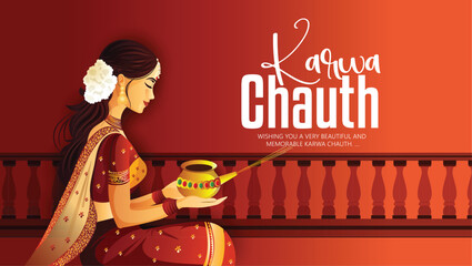 Karwa Chauth Celebration with Traditional Indian Woman Holding Decorative Puja Thali