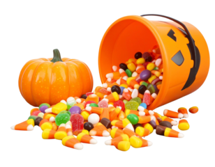 Spooky Halloween Candy Spill PNG – Pumpkin Pail with Festive Treats Transparent Background