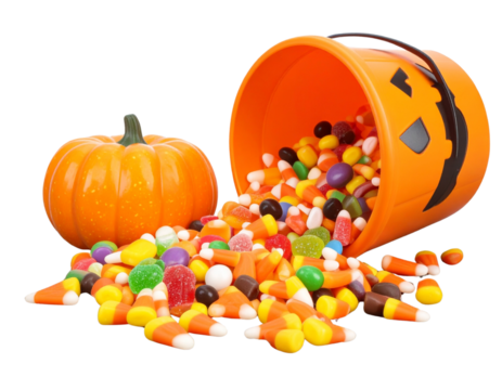 Spooky Halloween Candy Spill PNG – Pumpkin Pail with Festive Treats Transparent Background - Powered by Adobe