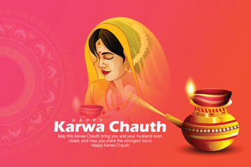 Karwa Chauth Celebration with Traditional Indian Woman Holding Decorative Puja Thali