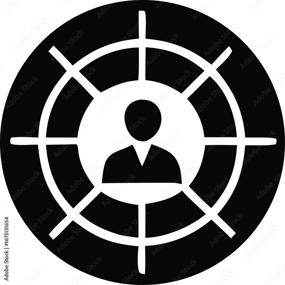 Poster abstract symbol of a person within a target or radar display concept of focus and aim