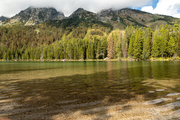 Scenic Lake with Pine Trees and Mountains in Background