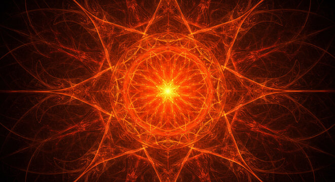 abstract fractal background with fire, Fiery fractal Mandala Digital Art with glowing Symmetry