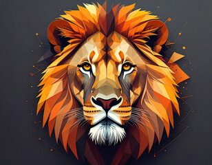 A striking geometric art illustration of a majestic lion's head with a vibrant orange and gold mane, set against a dark background.