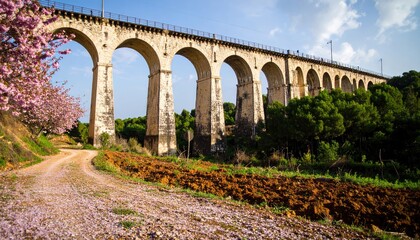 Obraz premium Historic Stone Bridge Spanning the Landscape: A majestic stone bridge arches gracefully across a scenic landscape.