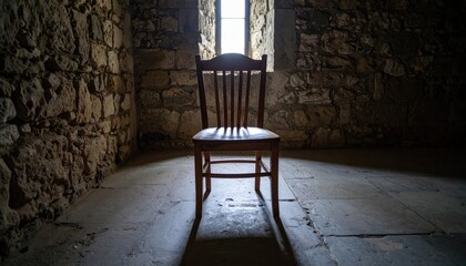 Solitary Chair in Stone Chamber: A simple wooden chair sits within a dimly lit stone chamber, illuminated by a lone window. This image creates a sense of stillness and timelessness. 
