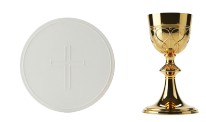 Religious Symbols of Communion A Golden Chalice and a White Wafer with a Cross
