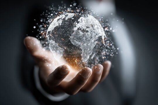 A hand holds a digital, shimmering globe - Powered by Adobe