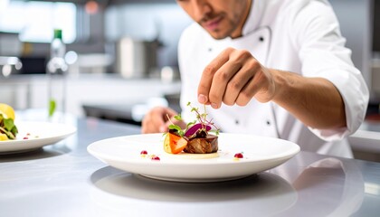 Professional chef meticulously garnishing an exquisite gourmet dish with delicate herbs in a pristine modern kitchen, showcasing culinary artistry and fine dining preparation