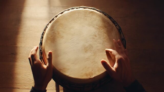 Drum's Rhythm Echoes: Hands cradle the drum's surface, bathed in a warm glow, as if a symphony of sound is about to be unleashed. A close-up look at the instrument with hands.