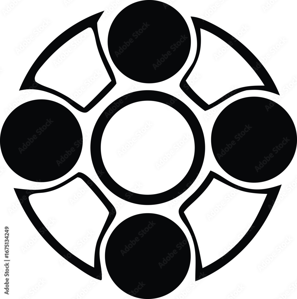 Poster geometric abstract symbol featuring concentric circles and intersecting arcs in black and white
