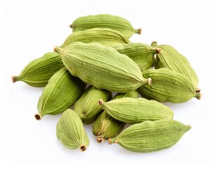 Pile of fresh green cardamom pods isolated on white background aromatic spice