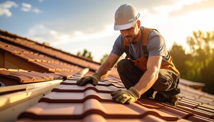 Skilled roofer carefully installing ceramic tiles on a new residential house rooftop at sunset