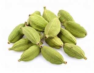 Pile of fresh green cardamom pods isolated on white background aromatic spice