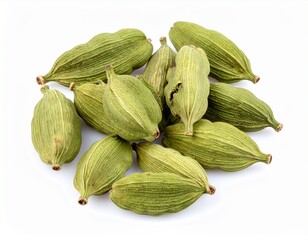 Pile of fresh green cardamom pods isolated on white background aromatic spice