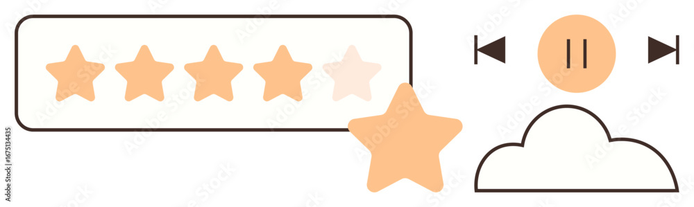 Fototapete five-star rating bar with one star highlighted, media playback buttons with pause and cloud design. 