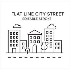Flat Line City Streetscape Illustration with Buildings Clouds and Trees Minimalist Design for Modern Urban Environment Conceptual Art