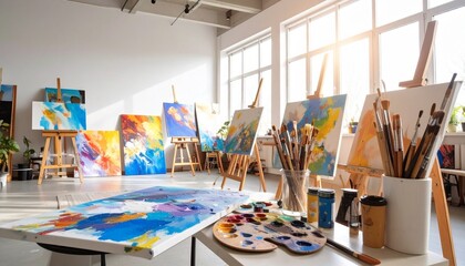 Inspiring artist studio workspace with easels, vibrant abstract paintings, and supplies in natural light