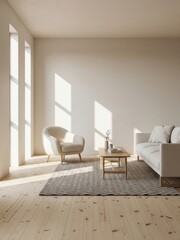 Minimalist modern living room with natural light, Scandinavian interior design featuring neutral tones and elegant furniture