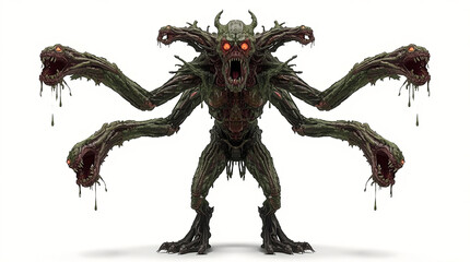 Fototapeta premium Forest abomination with bark-like limbs and gaping mouths across its body.