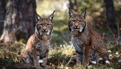 Two lynx in forest