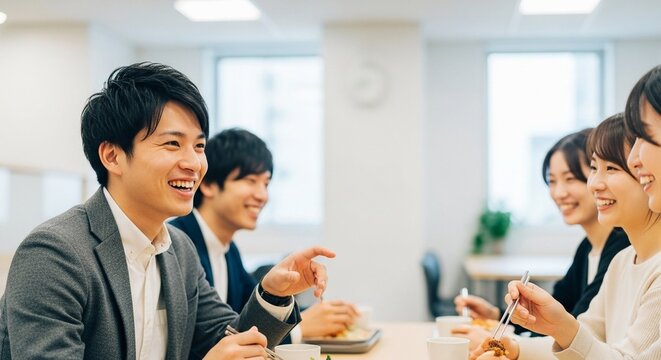 笑顔あふれる交流、同僚と笑顔で食事をする若手社員たち