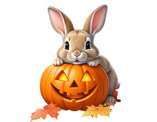 Cartoon Rabbit and Pumpkin PNG – Playful Halloween Autumn Scene Transparent Background