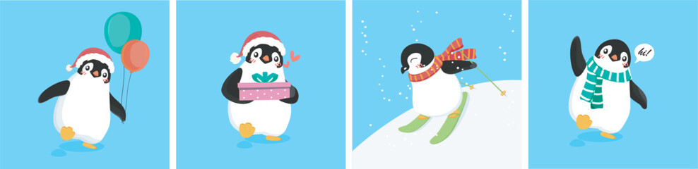 Adorable Christmas Penguin vector and illustration bundle set.