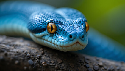 macro shot, stunning blue snake, vibrant colors, detailed scales, shallow depth of field, natural lighting, forest environment, captivating expression, photorealistic quality, HD