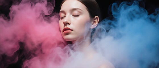 mysterious woman in pink and blue particle clouds | artistic, dreamy, abstract, creative, mysterious theme