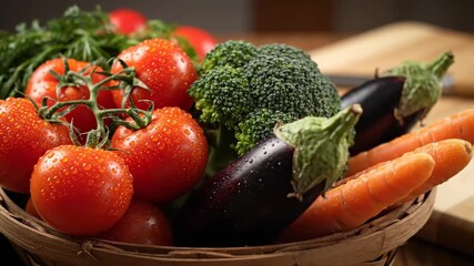 Fresh Vegetables in Basket - A close-up shot of a wicker basket filled with various fresh vegetables, including tomatoes, broccoli, eggplant, and carrots. - Powered by Adobe