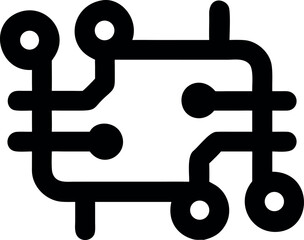 A bold line art icon of a digital processor or integrated circuit board, a symbol for electronics, computing, and network systems