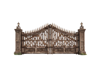 Old weathered wooden gate entrance architectural detail, Isolated On White Background, Png Transparent