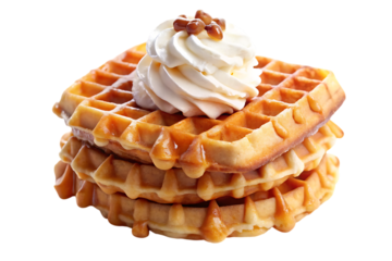 Stack of Waffles with Whipped Cream and Syrup Isolated on Transparent Background