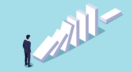 Businessman watches domino effect, representing business risk, failure, or chain reaction concept