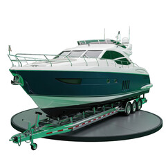 Obraz premium Sleek motor yacht on a trailer captured in a pristine studio setting showcases maritime engineering