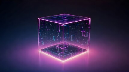 Vibrant neon cube with glowing digital circuits and particles, symbolizing futuristic technology and data flow in a modern abstract concept.