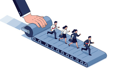 Business professionals racing on a conveyor belt representing competition and corporate pressure